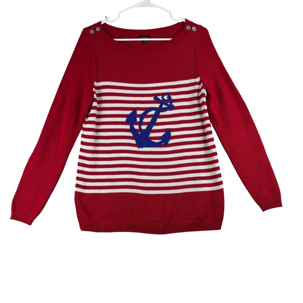 Talbots Knit Sweater Women's Medium Striped Nautical Anchor Red White Blue READ